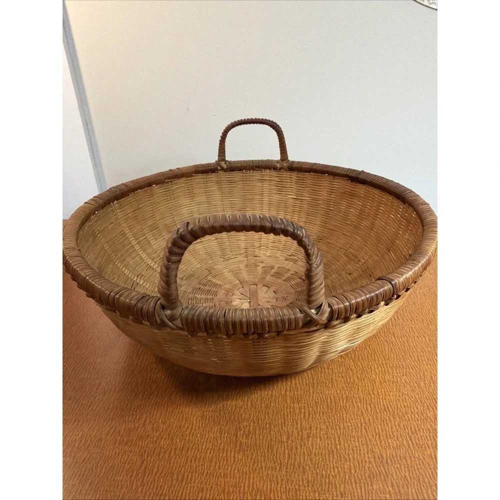 Vintage Round Natural Brown Wood Woven Wicker 2 Handles Basket 12